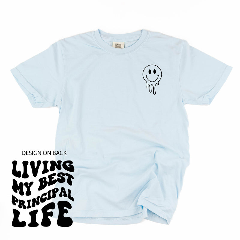 Living My Best Principal Life - Melty Smiley (pf & b) - Comfort Colors Tee