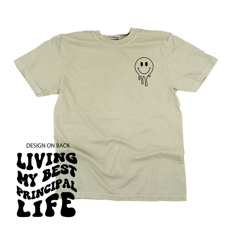 Living My Best Principal Life - Melty Smiley (pf & b) - Comfort Colors Tee