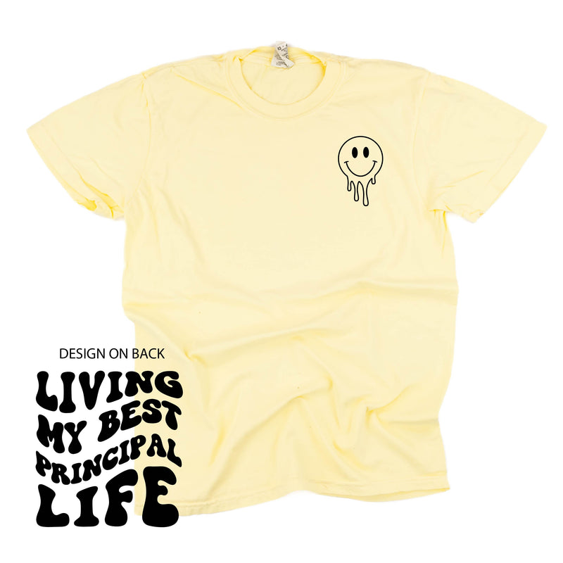 Living My Best Principal Life - Melty Smiley (pf & b) - Comfort Colors Tee