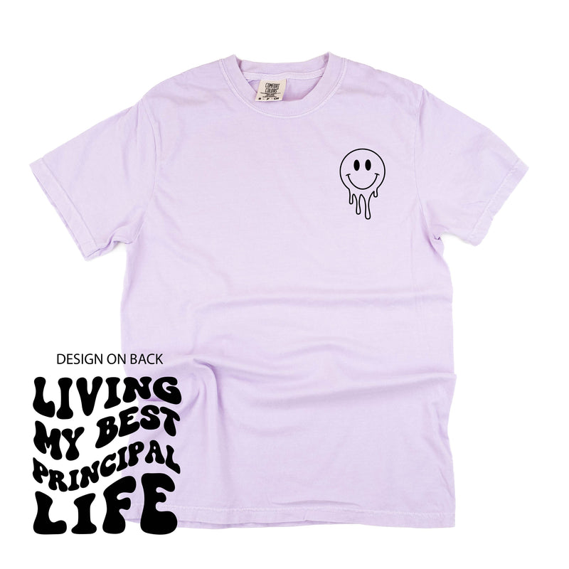 Living My Best Principal Life - Melty Smiley (pf & b) - Comfort Colors Tee