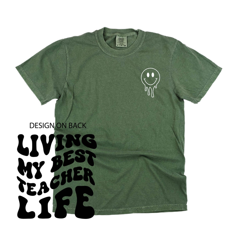Living My Best Teacher Life - Melty Smiley (pf & b) - Comfort Colors Tee