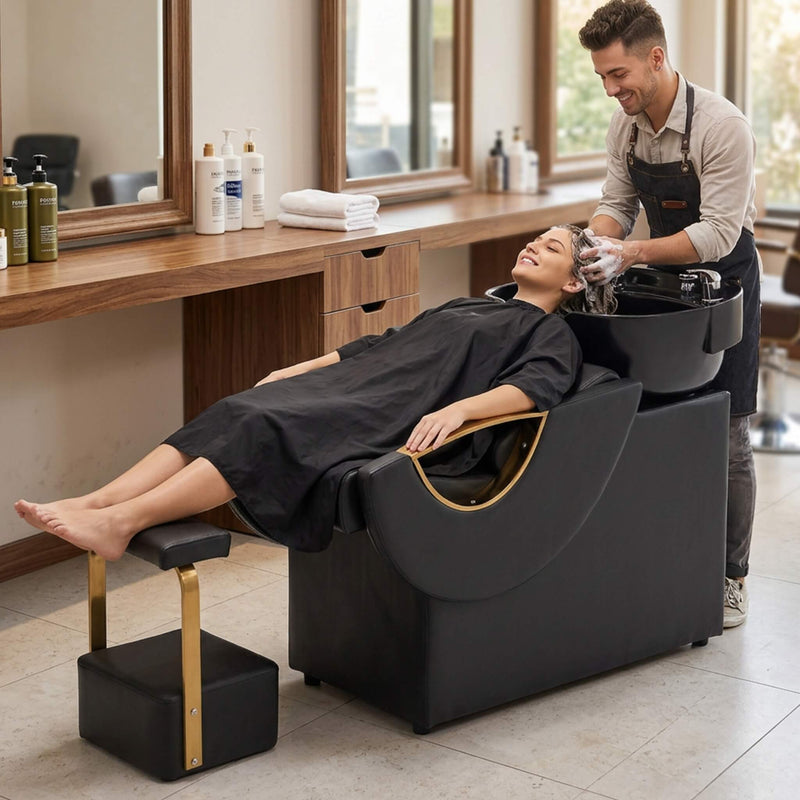 Commercial Black And Gold Shampoo Bowl Chair Set With Footrest (SAK43716)
