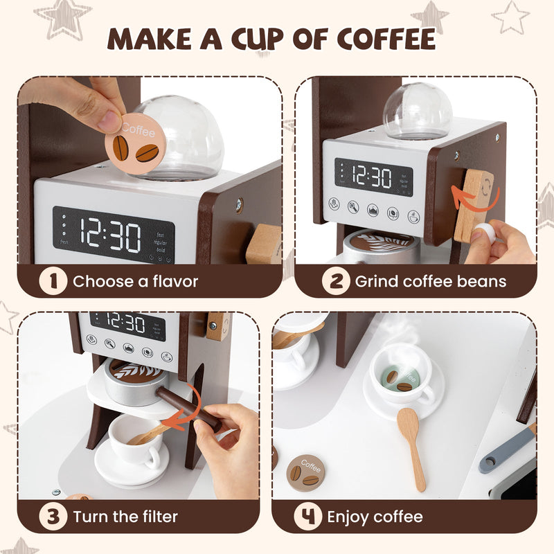 Corner Wooden Play Kitchen with Coffee Machine and Slide for Kids-Brown