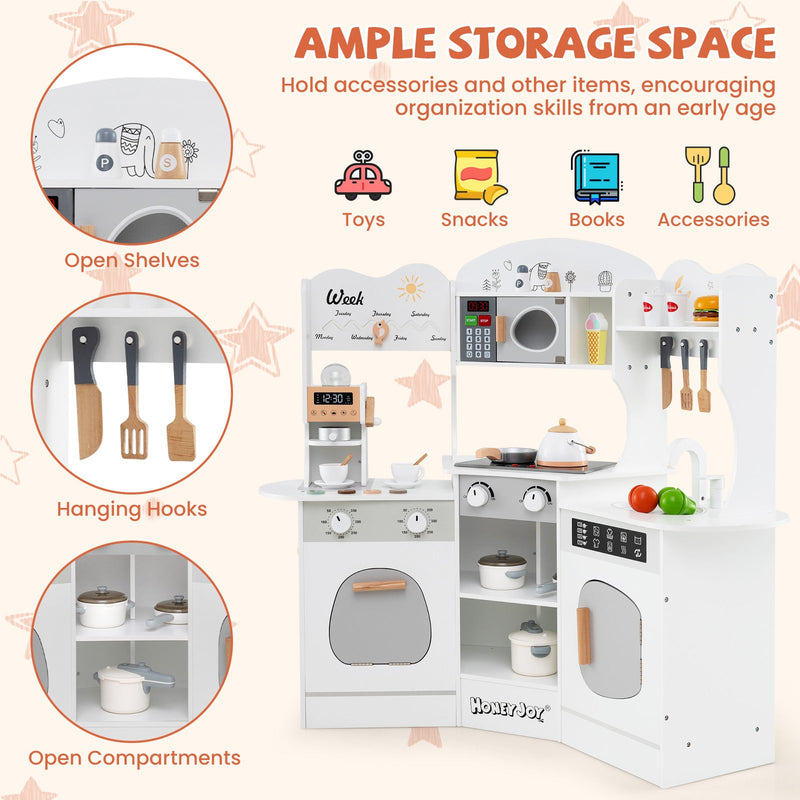 Corner Wooden Play Kitchen with Coffee Machine and Slide for Kids-White