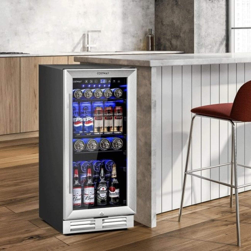 Premium 15" Tall Built-In Freestanding Beverage Cooler Refrigerator, 100 Cans (SAK77654)