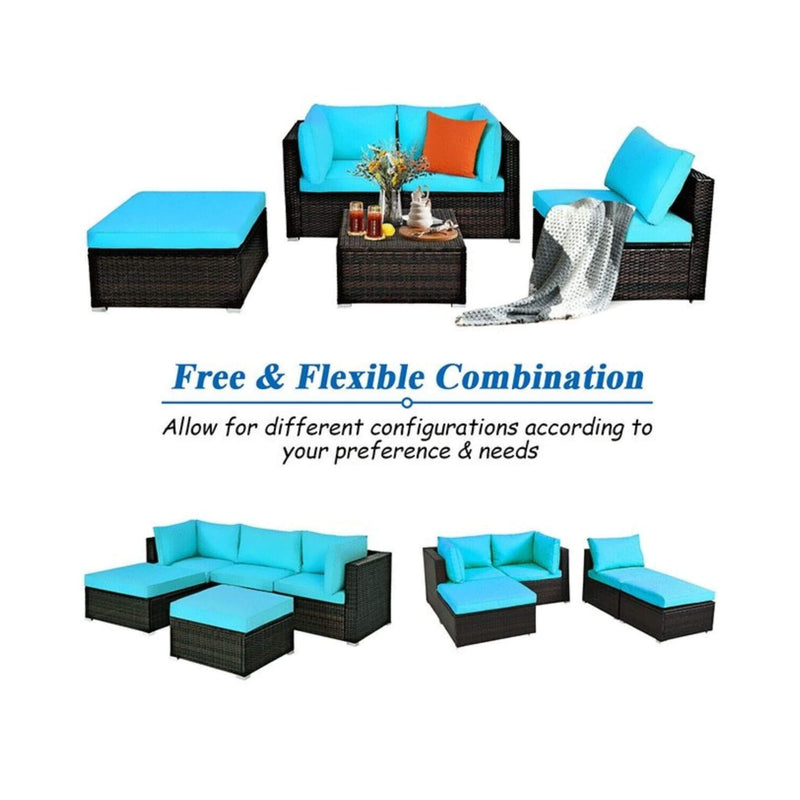 Alora Outdoor Patio Rattan Turquoise Furniture Sectional Conversation Sofa Set, 5PCS (SAK56878)