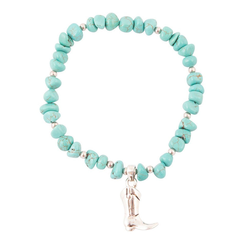 Cowgirl Up Blue Turquoise Sterling Silver Boot Charm Stretch Bracelet