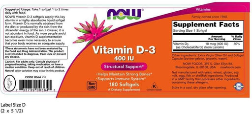 NOW Vitamin D-3 400IU, 180 Softgels (Pack of 3)