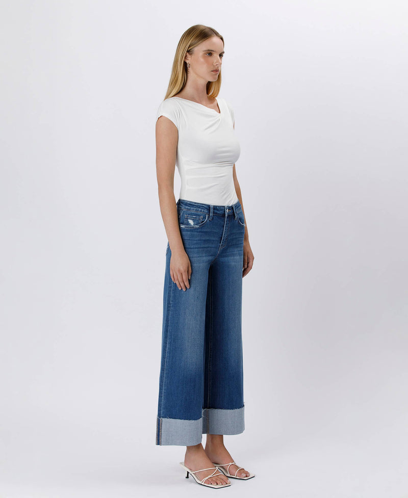 High Rise Cuffed Ankle Wide Leg Jeans