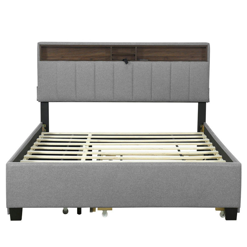Upholstered Platform Bed With Storage Headboard, Trundle & 2 Drawers And A Set Of Sockets & USB Ports