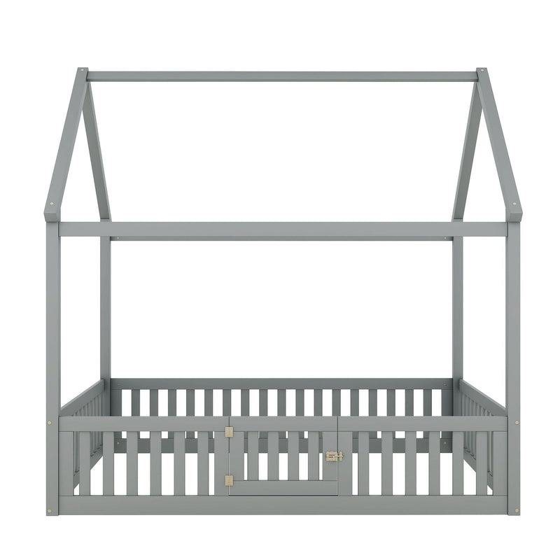 Wood House Bed With Fence And Door