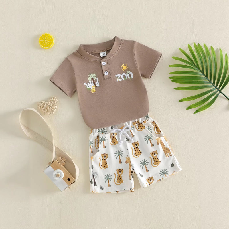 Printed Polo-collar Short-sleeve T-shirt And Shorts Two-piece Set