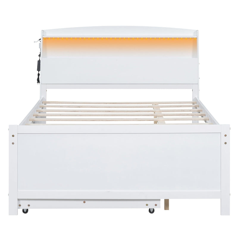 Full Size Platform Bed With Storage LED Headboard, Twin Trundle And 3 Drawers - White