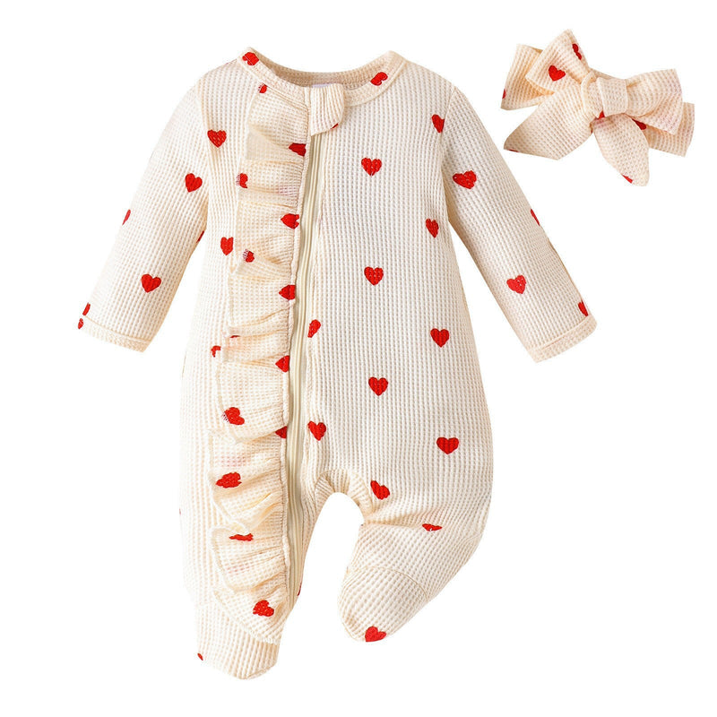 Heart-print Footed Zip-up Onesie Headband Set