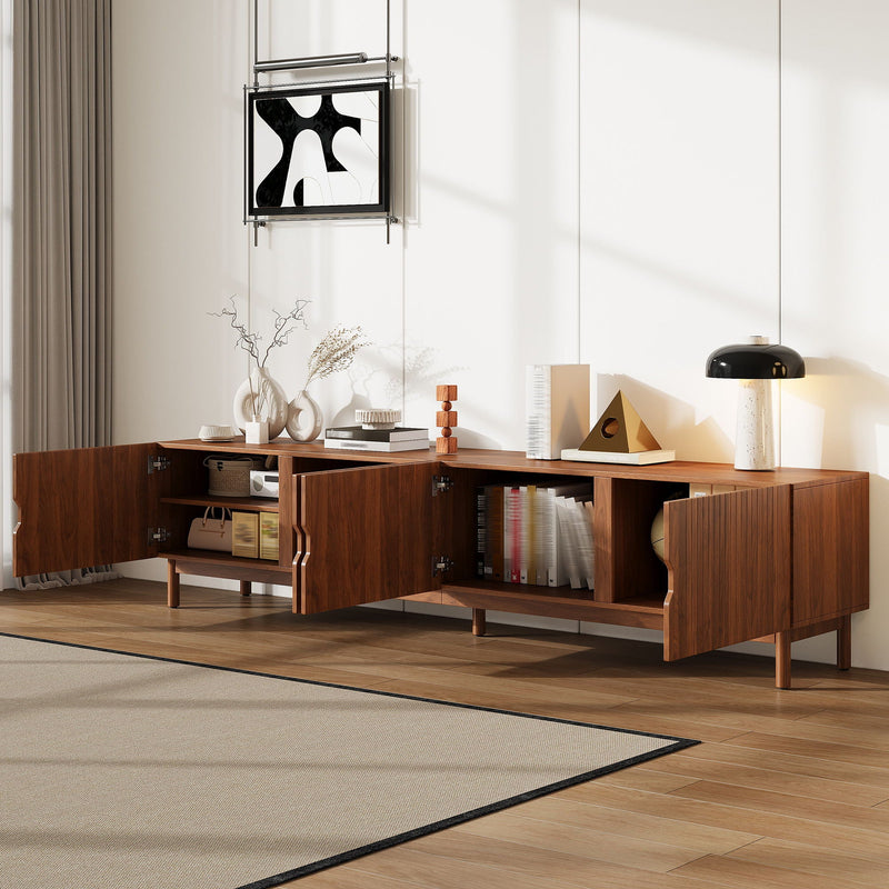TV Stand With Legs, Media Console, 4 Cabinets For Living Room - Natural Wood