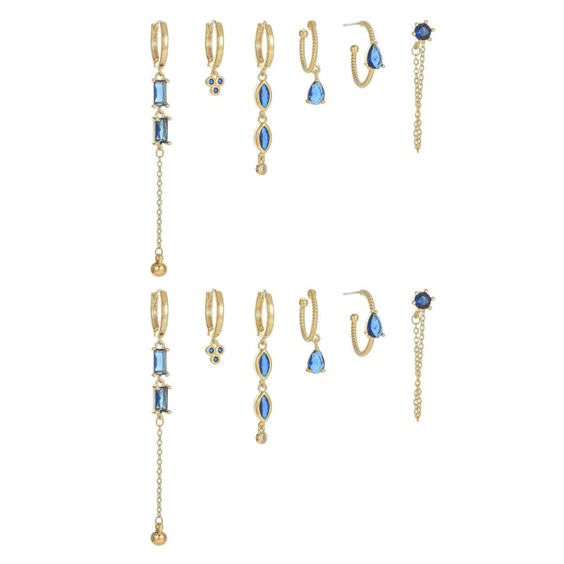 Stacking 6 Pieces Long Tassel Vintage Earring Set with Micro-Pavé Dazzling Blue Zircons, 18k Gold Plated Ear Studs & Ear Drops, S925 Needle, Stacked Lobe Designs with Dazzling Zirconia