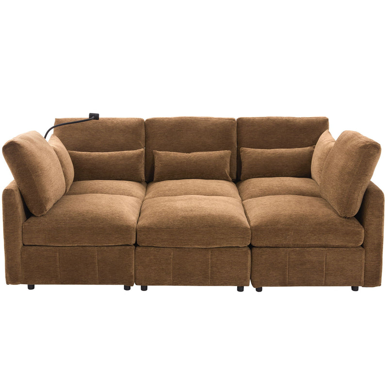 Modern Modular U-Shaped Sofa Bed With Movable Ottoman, USB Ports, Phone Holder