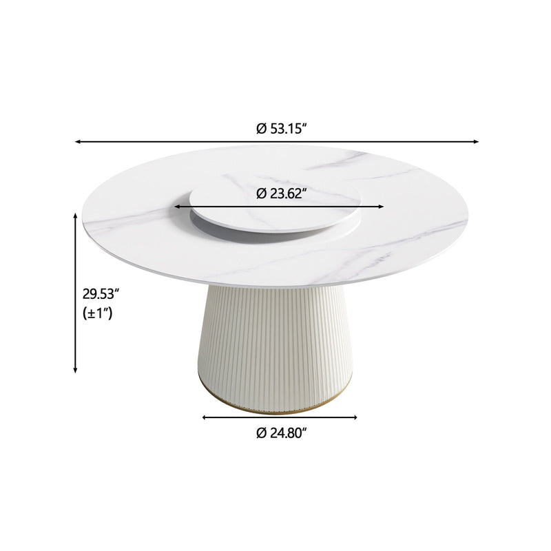 Modern Artificial Stone Round Plywood Base Dining Table, Can Accommodate 6 People, Artificial Stone Turntable (Not Including Chairs) - White / Beige