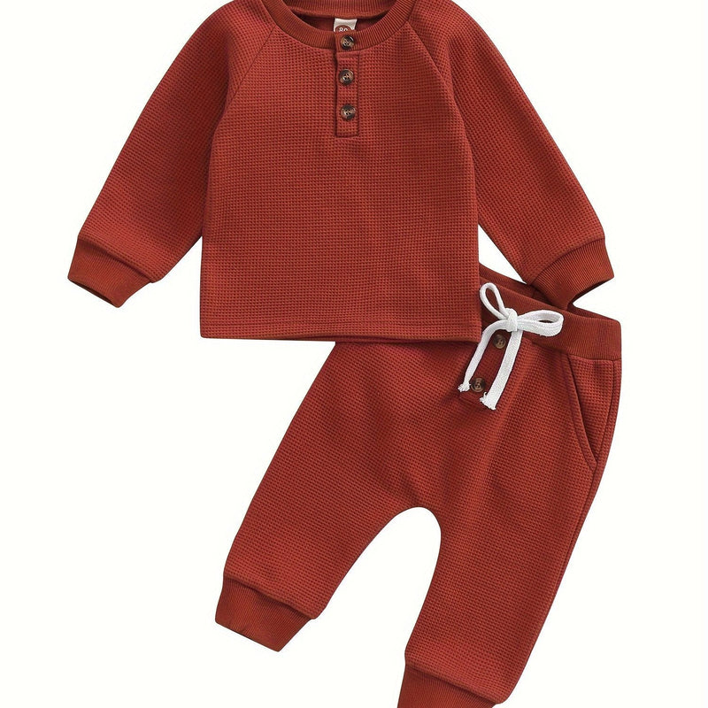 Toddler Thicken Waffle Clothes Set Boy Girls Buttons Round