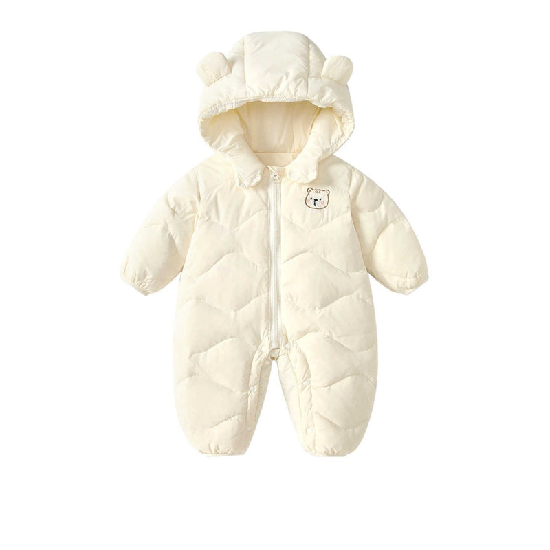 Baby Solid Color Cartoon Print Hooded Down Jumpsuit