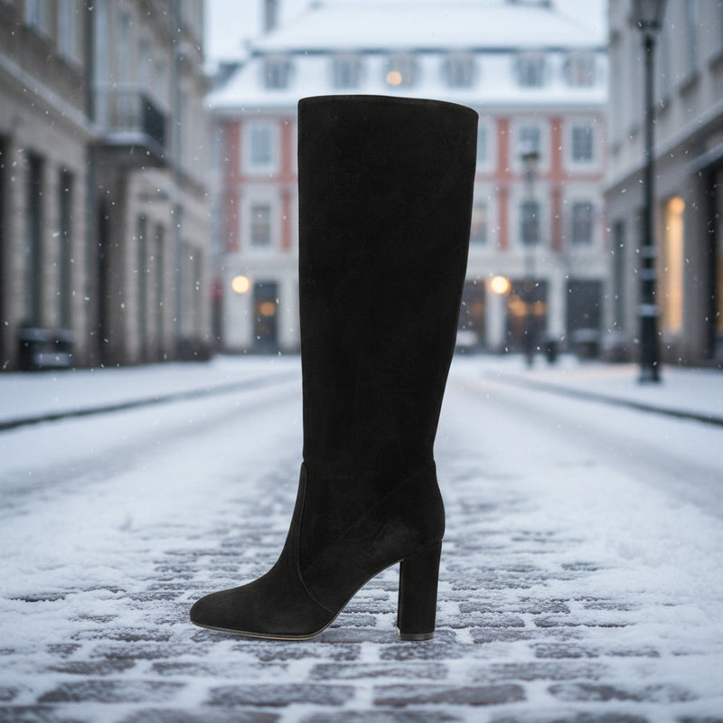 Women’s Suede High Heel Boots | Pleated Thick Heel Pointed Toe