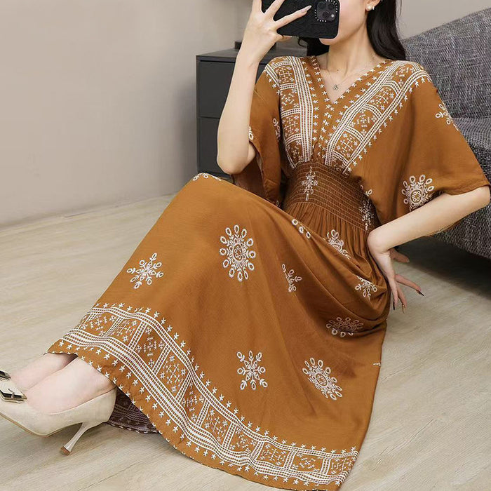 Ethnic Style V-neck Cotton Silk Short Sleeve French Thai Style