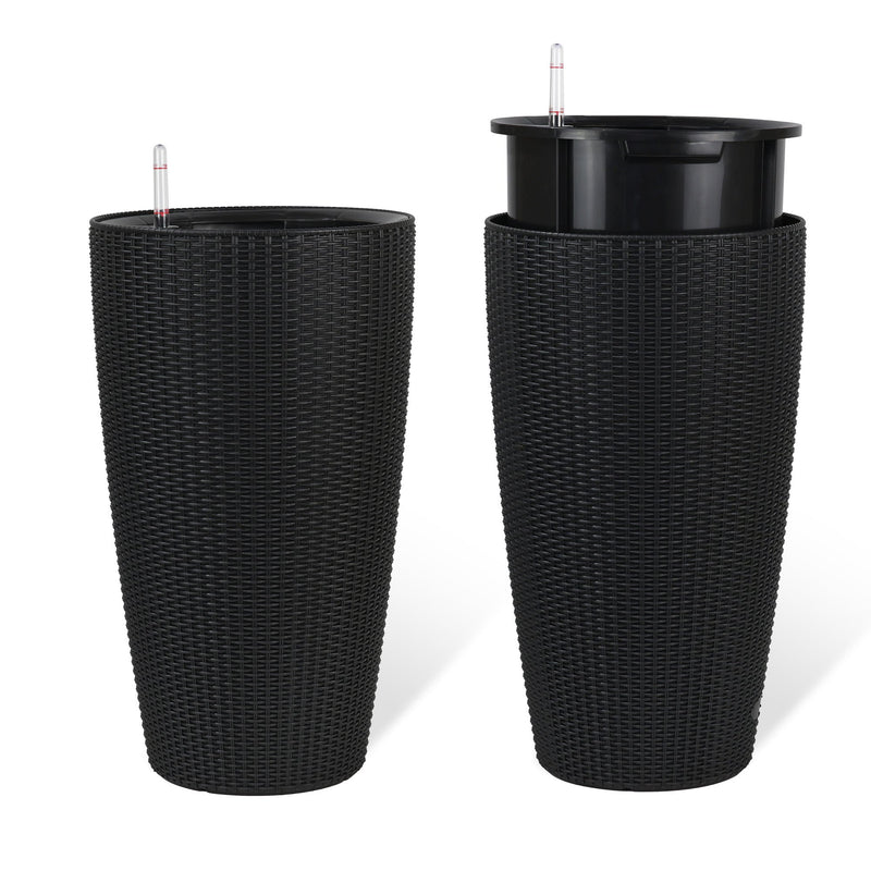 Set of 2 Faux Rattan Tall Planters with Automatic Watering System