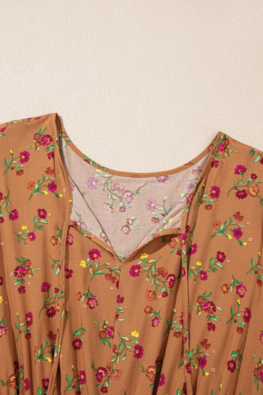 Plus Size Floral V-Neck Ruffle Sleeve Tiered Dress