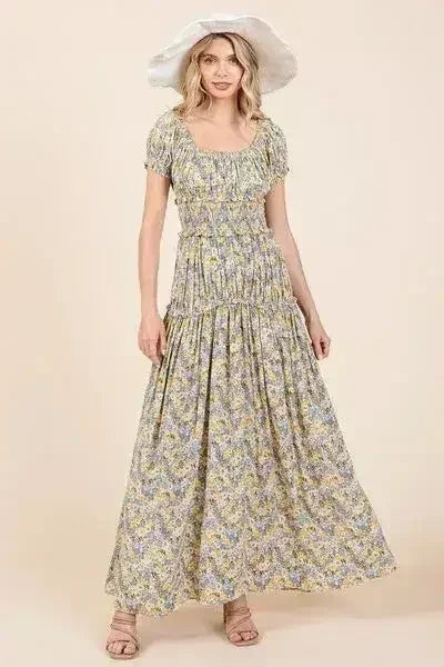 Floral Puff Sleeve Maxi Dress - Romantic Smocked Waist | Femstylo