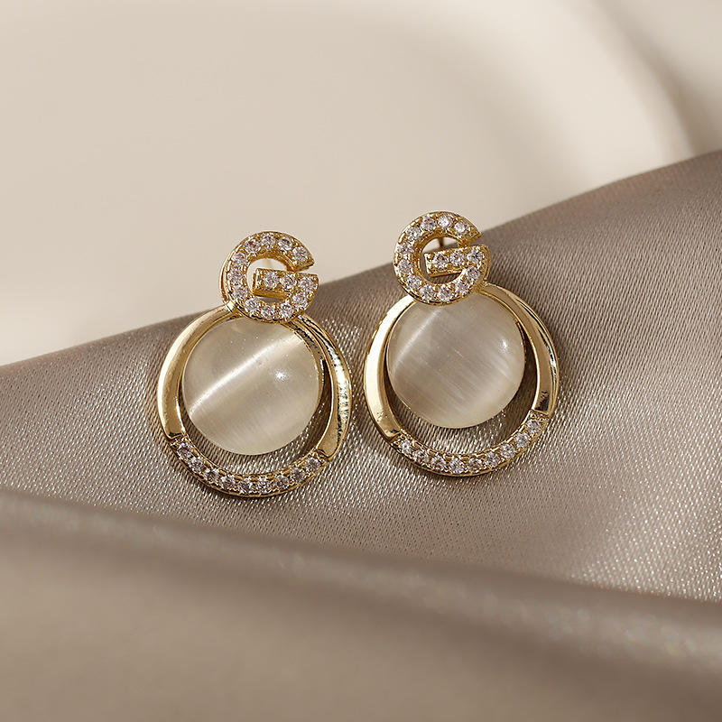 Opal Stone G-Letter Shape Stud Earrings