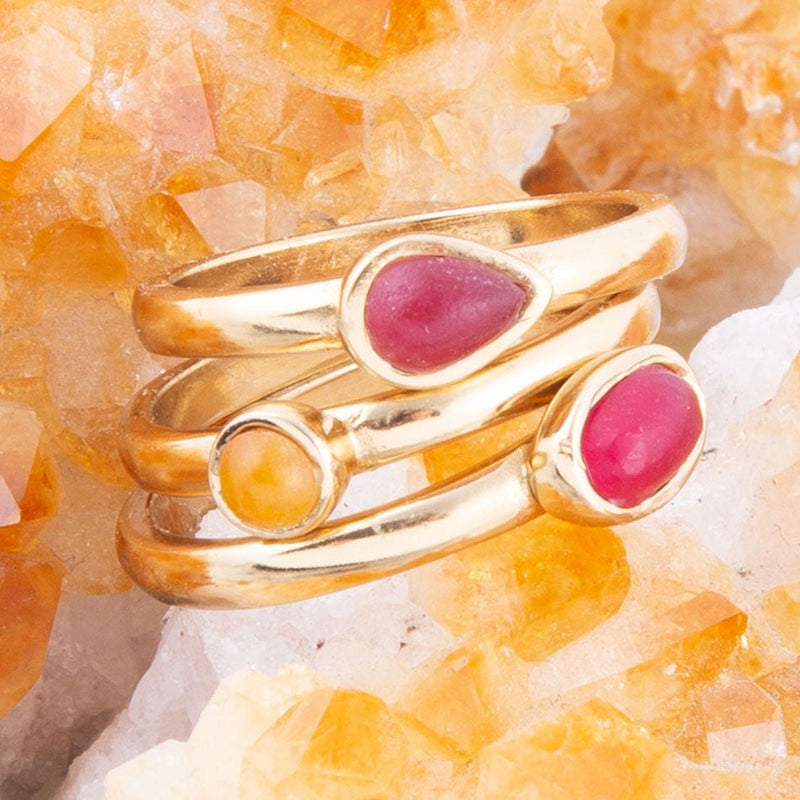 Dainty Stackable Red and Yellow Agate Golden Ring Set