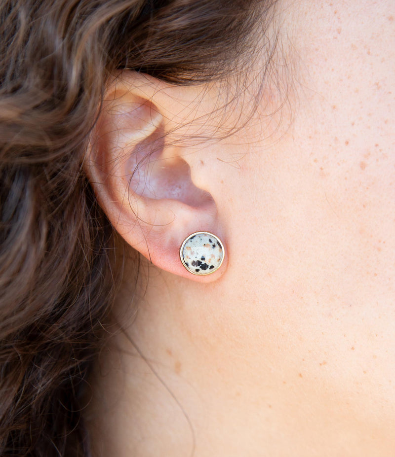 Dalmatian White and Black Jasper Golden Post Earrings