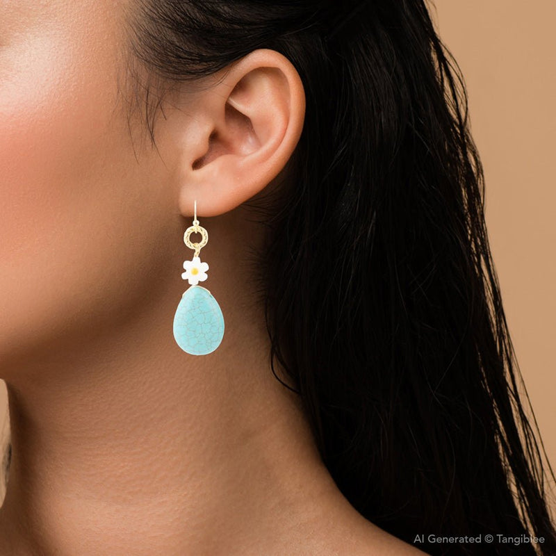 Dani Blue Turquoise Magnesite Flower Golden Drop Earrings