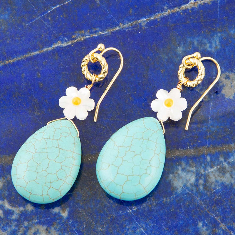 Dani Blue Turquoise Magnesite Flower Golden Drop Earrings