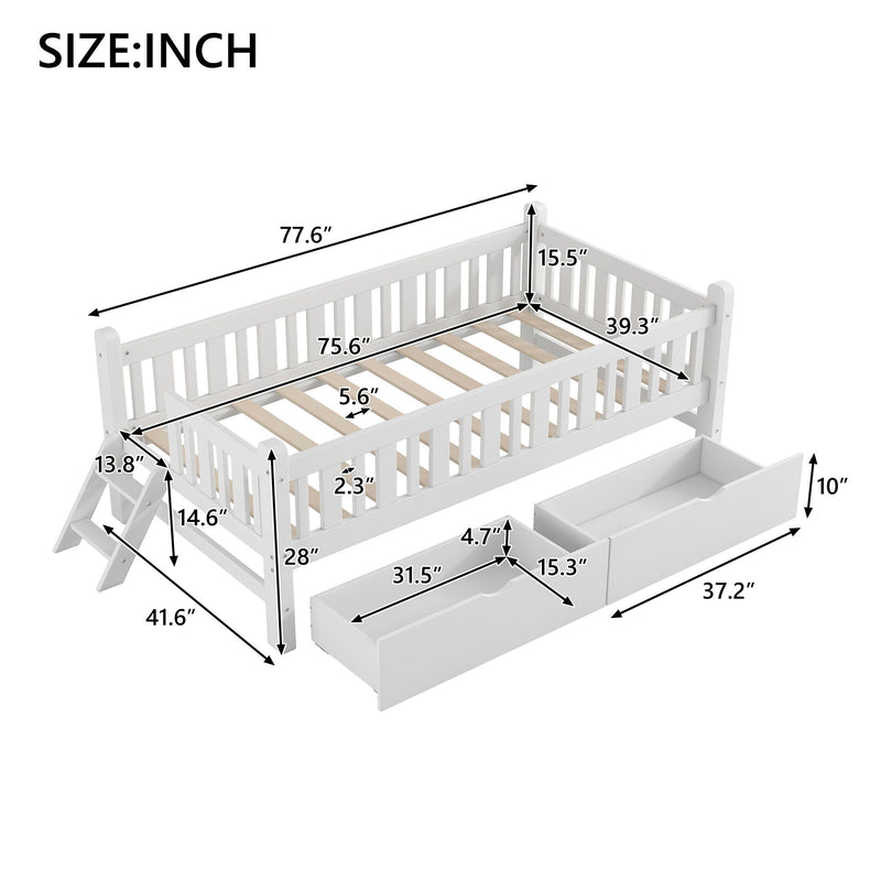Platform Bed With Guardrail And 2 Drawers