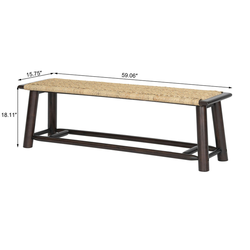 Farmhouse Modern Solid Wood Rattan Bench Multi Functional Design 59" Indoor & Covered Outdoor Bench - Walnut