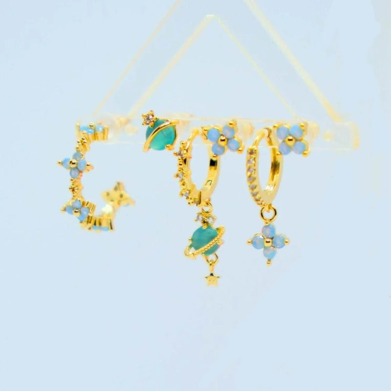 Stacking 6 Pieces Blue Flower Pierced Earring Set with Zircon, 18k Gold Plated Ear Studs and Ear Drops, Women's Fashion Jewelry for Party Daily Stacked Lobe Earrings