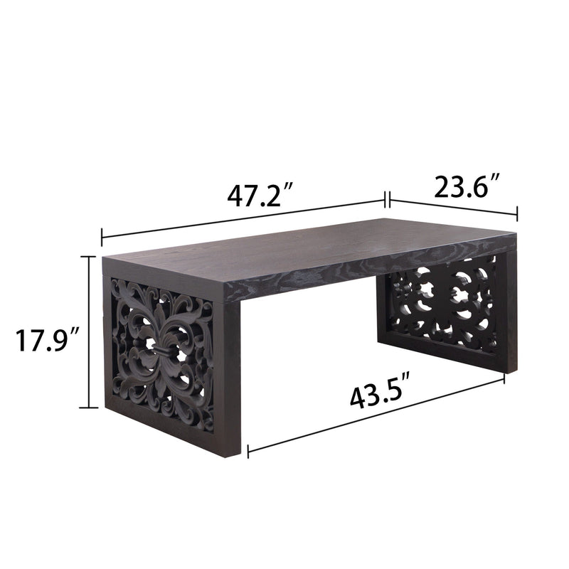 Rustic Carved Wood Coffee Table, Handcrafted Look With Ornate Side Panels