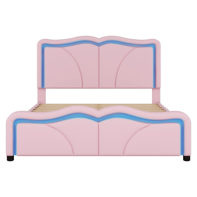 Upholstered Platform Bed & Curve Shaped And Height Adjustable Headboard, LED Light Strips