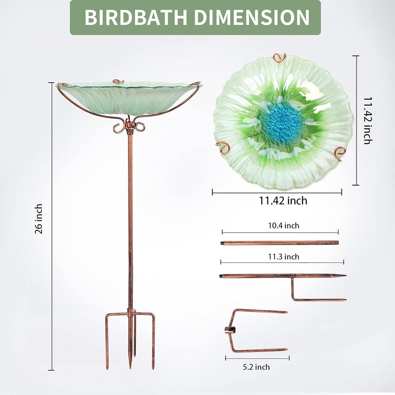 26 Inch Height Glass Birdbath Birdfeeder with Metal Stake Garden Outdoor Green