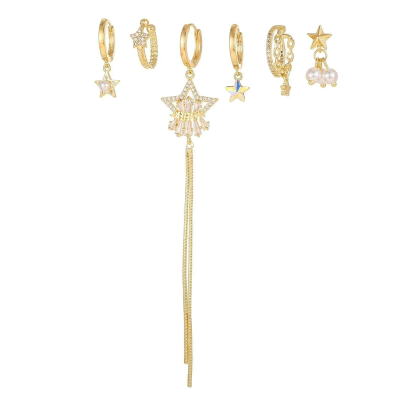 Multi Sets of Chic Star&Moon Earrings, 3-6pcs, 18k Gold Plated Stud Drop Hoop Huggie Cuff Chain, S925 Needle, Stacked Lobe Designs with Dazzling Zirconia