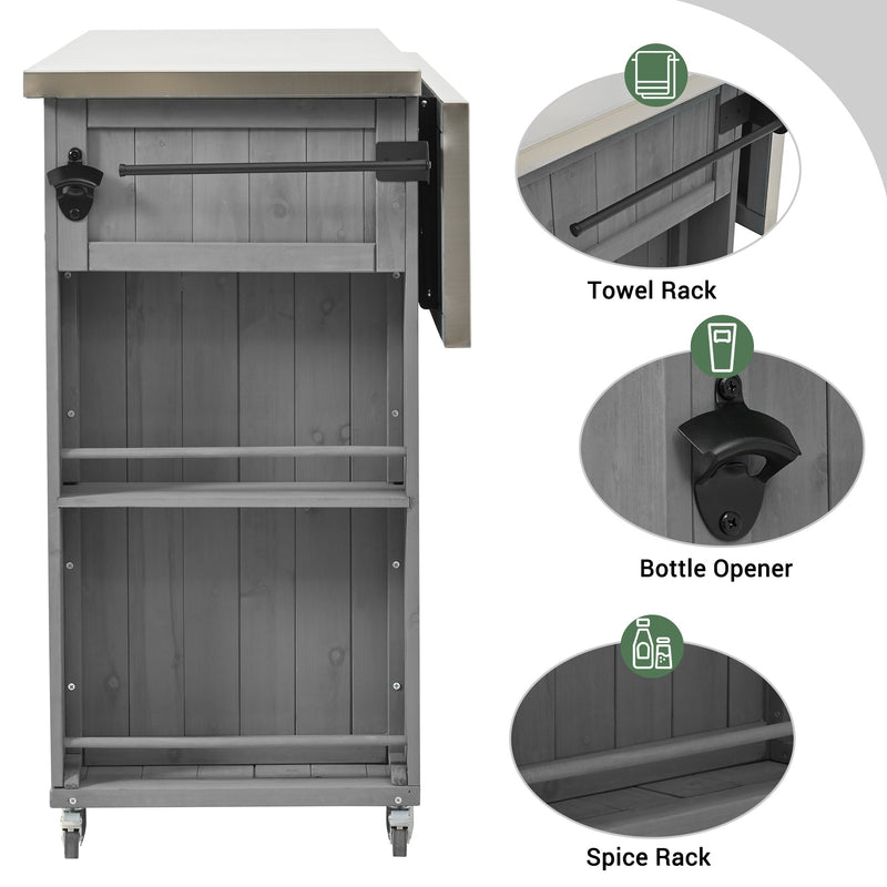 Outdoor Kitchen Island Fir Wood Kitchen Island with Stainless Steel Top, Ample Storage, Towel and Spice Racks, Bottle Opener, Grey