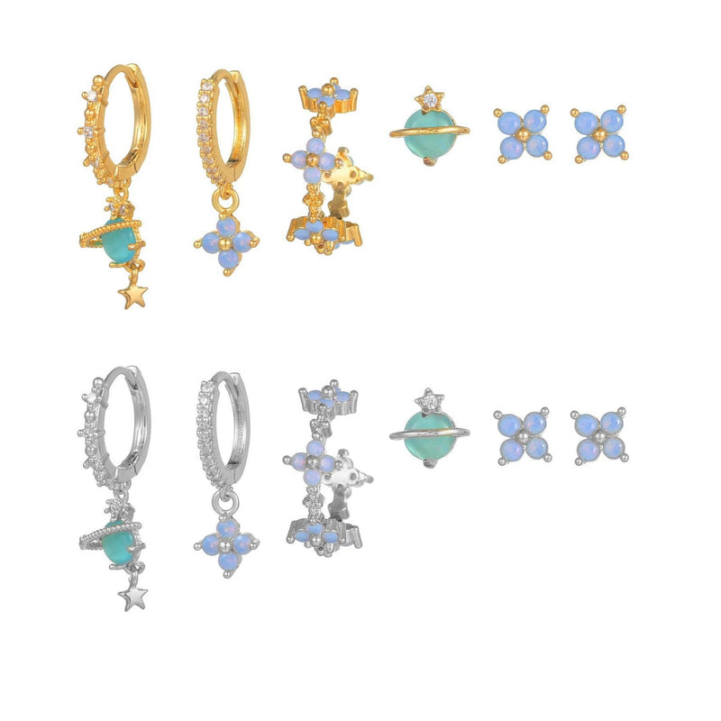 Stacking 6 Pieces Blue Flower Pierced Earring Set with Zircon, 18k Gold Plated Ear Studs and Ear Drops, Women's Fashion Jewelry for Party Daily Stacked Lobe Earrings