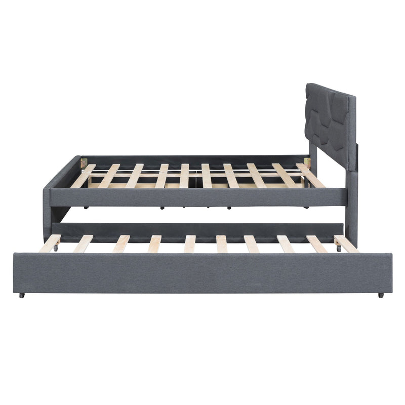 Upholstered Platform Bed With Brick Pattern Headboard And Twin Long Size Trundle