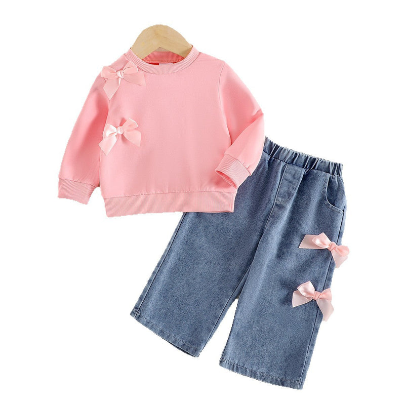 Solid Color Long-sleeved Sweater Pec-deck Machine Denim Trousers Two-piece Suit