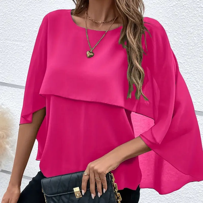 Women's Summer Chiffon Blouses Casual Scoop Neck Cape Sleeve Tunic Tops Shirts