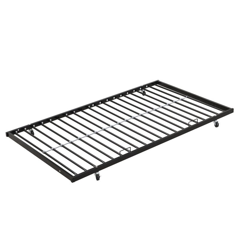 Modern Twin Over Full Metal Bunk Bed with Trundle and Dual Side Ladder, Black & Brown MDF and Metal Design, Easy Assembly