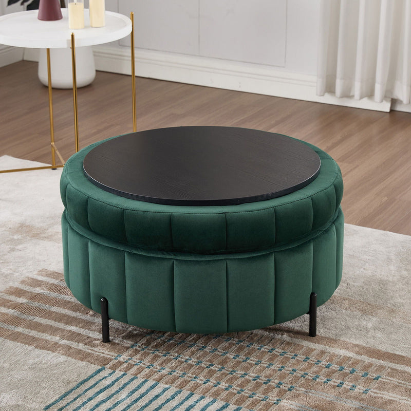 Upholstered Round Ottoman With Reversible Lid, Channel Tufted Pumpkin Shape