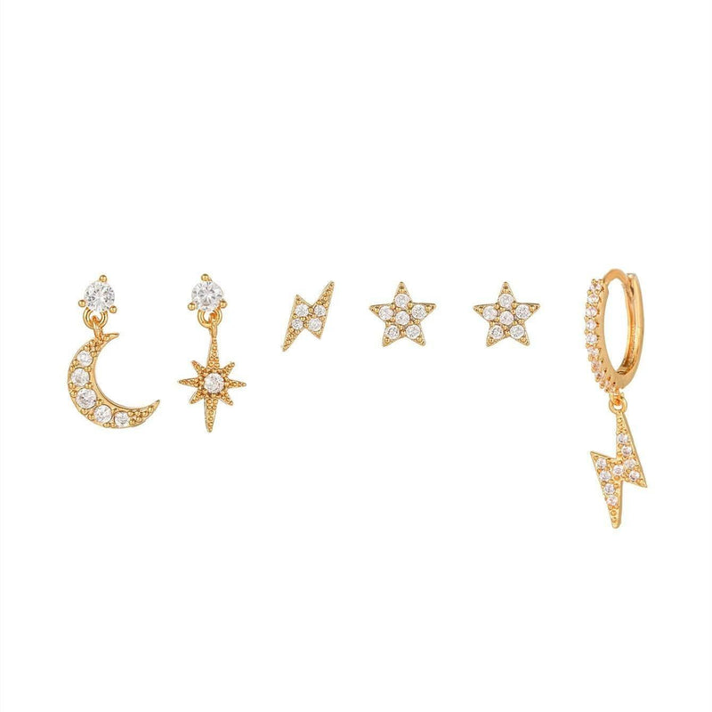 Stacking 6 Pieces Starry Lightning Earring Set,18k Gold Plated Stud Drop Hoop, S925 Needle, Stacked Lobe Designs with Dazzling Zirconia