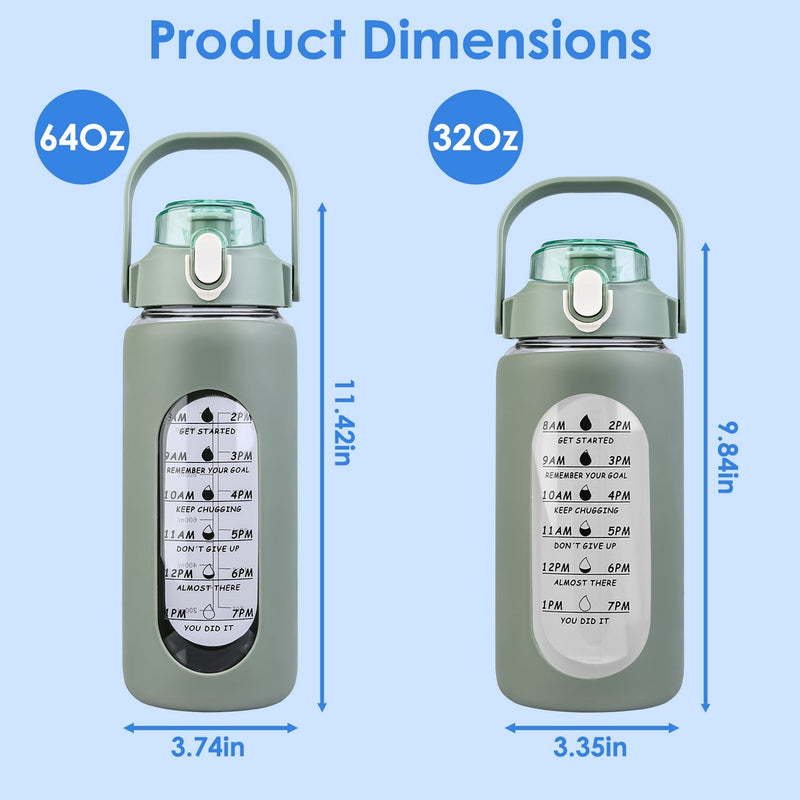 34Oz Glass Water Bottle Sports Water Bottle Motivational Water Bottle Water Intake Tracker Bottle with Straw Time Marker Silicone Sleeve Handle for Gy